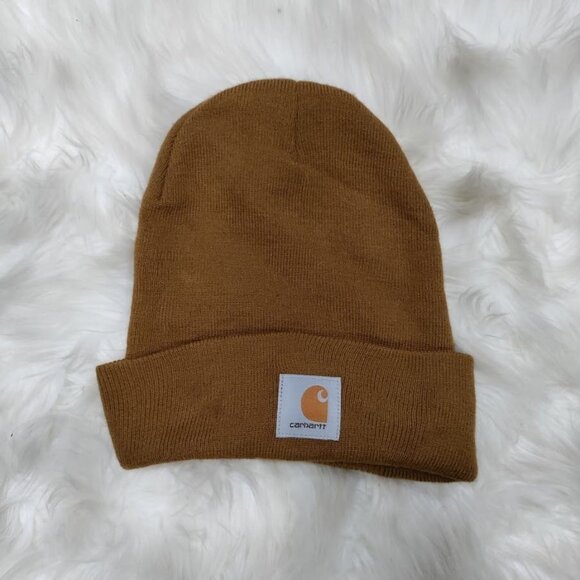Carhartt Patch Logo Ribbed Knit Cuffed Beanie Brown Men's One Size - Picture 2 of 7